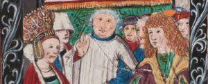 Auf einem mittelalterlichen Bild segnet ein Priester einen Mann und eine Frau und ihre Freunde